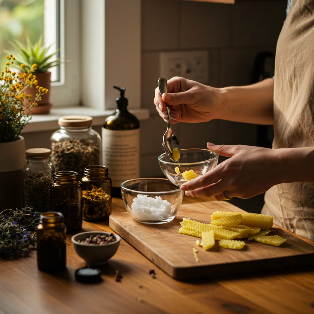 Préparation artisanale d'une recette DIY cosmétique naturelle avec des ingrédients simples comme la cire d'abeille et l'huile de coco