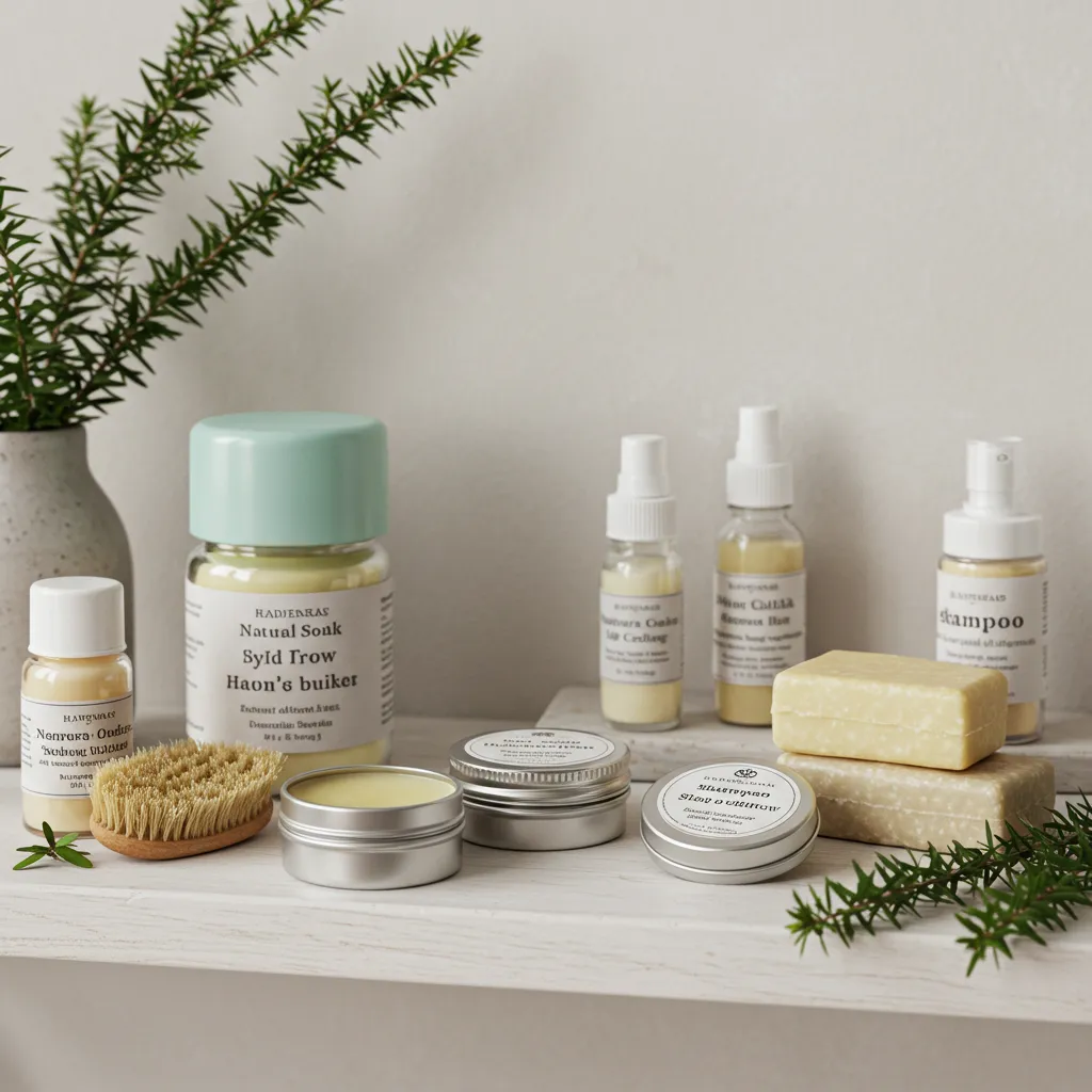 Étagère de salle de bain minimaliste avec des produits cosmétiques naturels faits maison, déodorant solide et baume à lèvres DIY