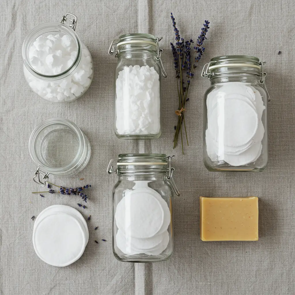 Ingrédients zéro déchet et produits ménagers naturels comme le bicarbonate, le vinaigre blanc et le savon de Marseille pour un impact écologique réduit