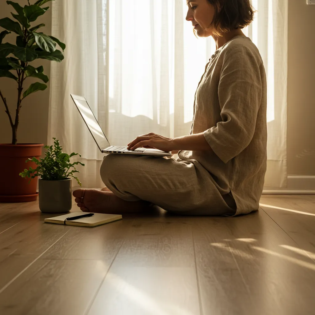 Personne consultant un blog bien-être naturel sur ordinateur dans un intérieur lumineux et végétalisé, ambiance détendue et bienveillante