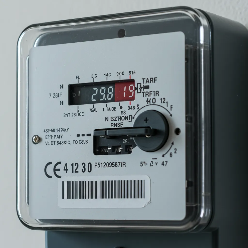 Compteur électrique moderne avec indicateur de tarif EJP, illustrant le fonctionnement de l'option tarifaire EDF