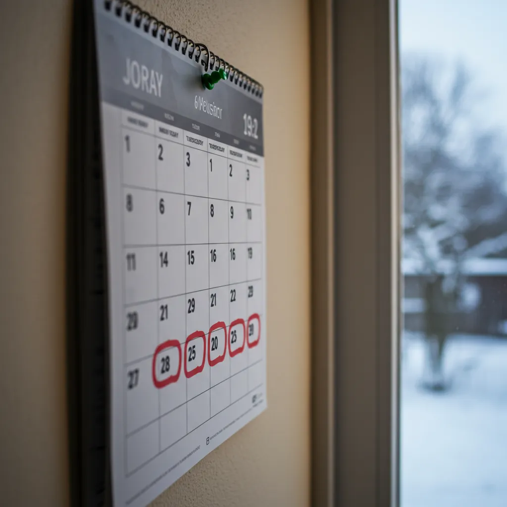 Calendrier hivernal avec dates marquées représentant la planification des jours EJP sur la saison novembre à mars