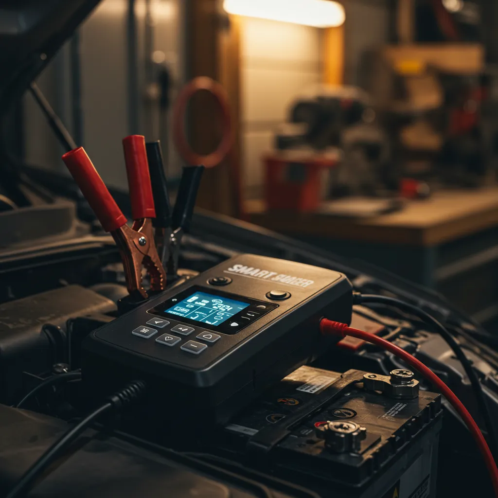 Chargeur secteur intelligent branché sur une batterie 12V de voiture dans un garage