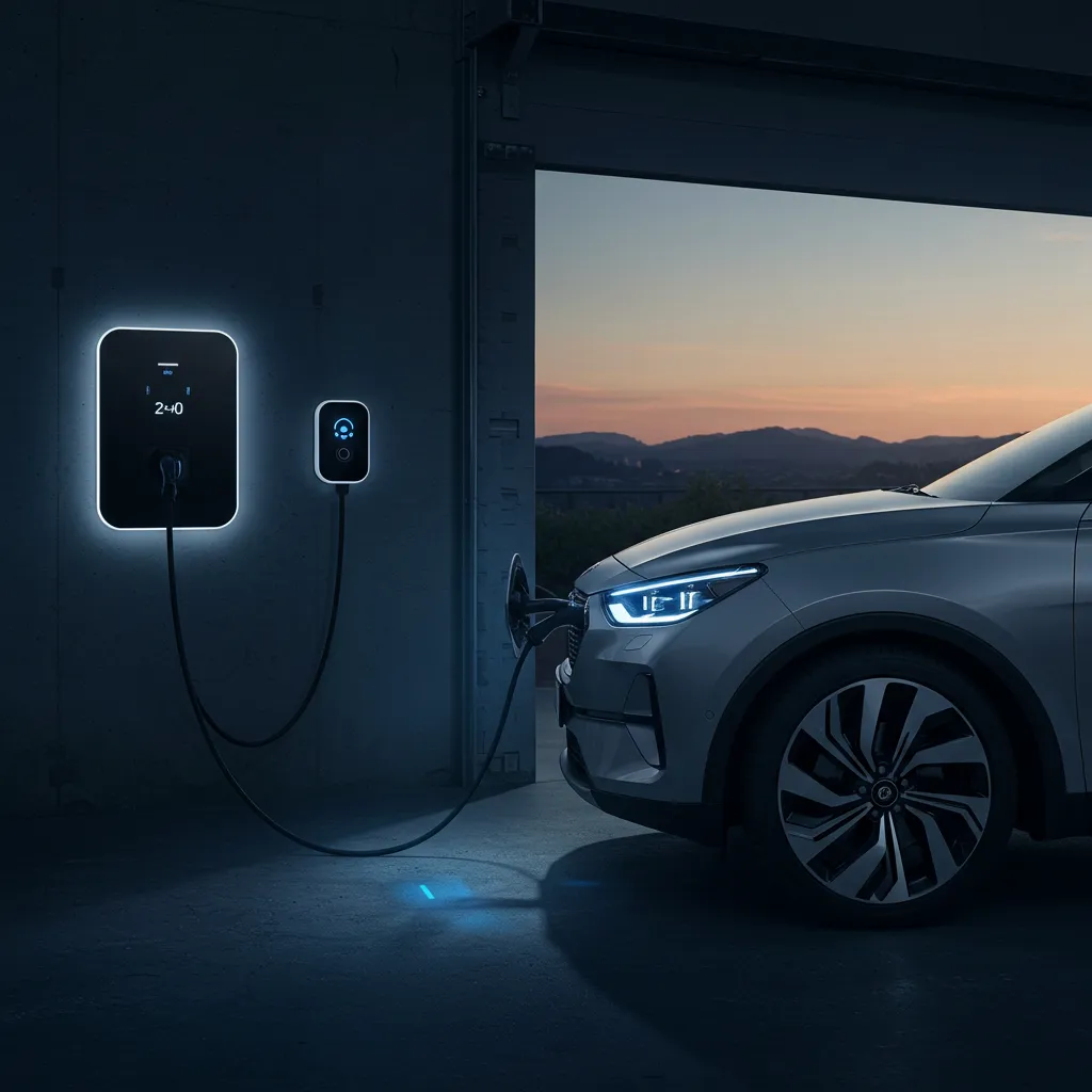 Voiture électrique branchée sur une borne Wallbox domestique pour une recharge nocturne complète
