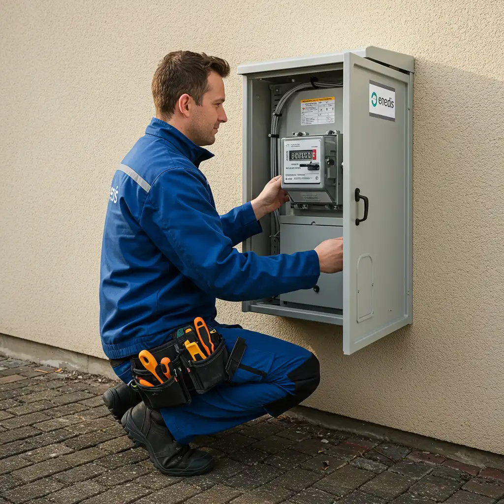 Technicien en uniforme intervenant sur un coffret électrique extérieur pour remplacer un compteur