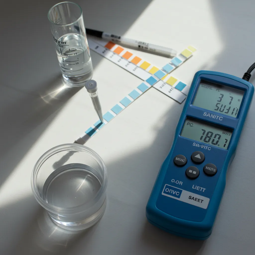 Gros plan sur un testeur de pH numérique et des bandelettes de test immergées dans l'eau avec éclairage naturel