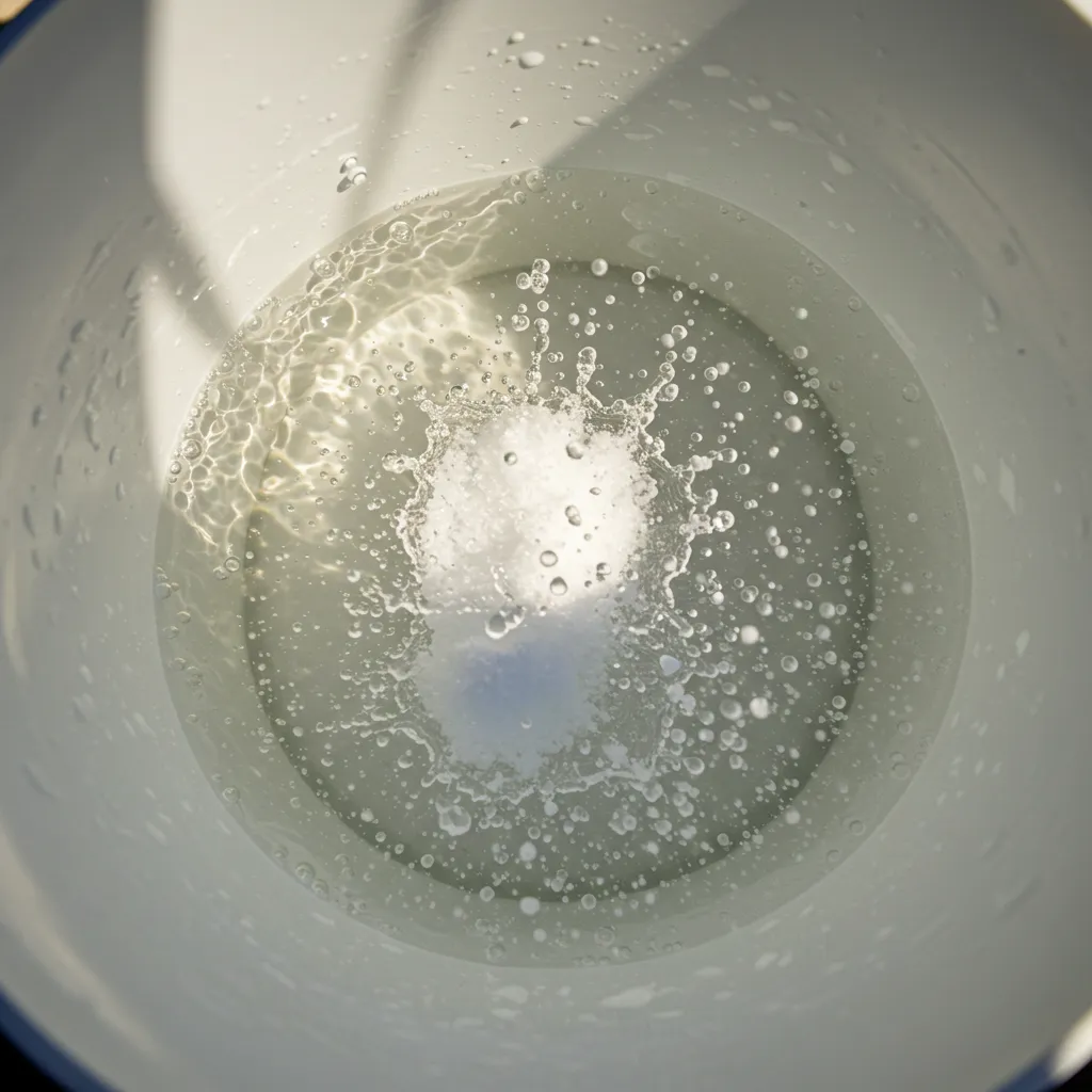 Chlore choc en poudre se dissolvant dans un seau d'eau avec éclairage naturel doré