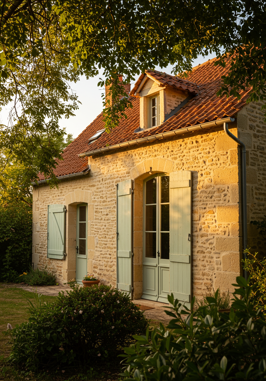 Maison en pierre aux volets verts baignée de lumière dorée