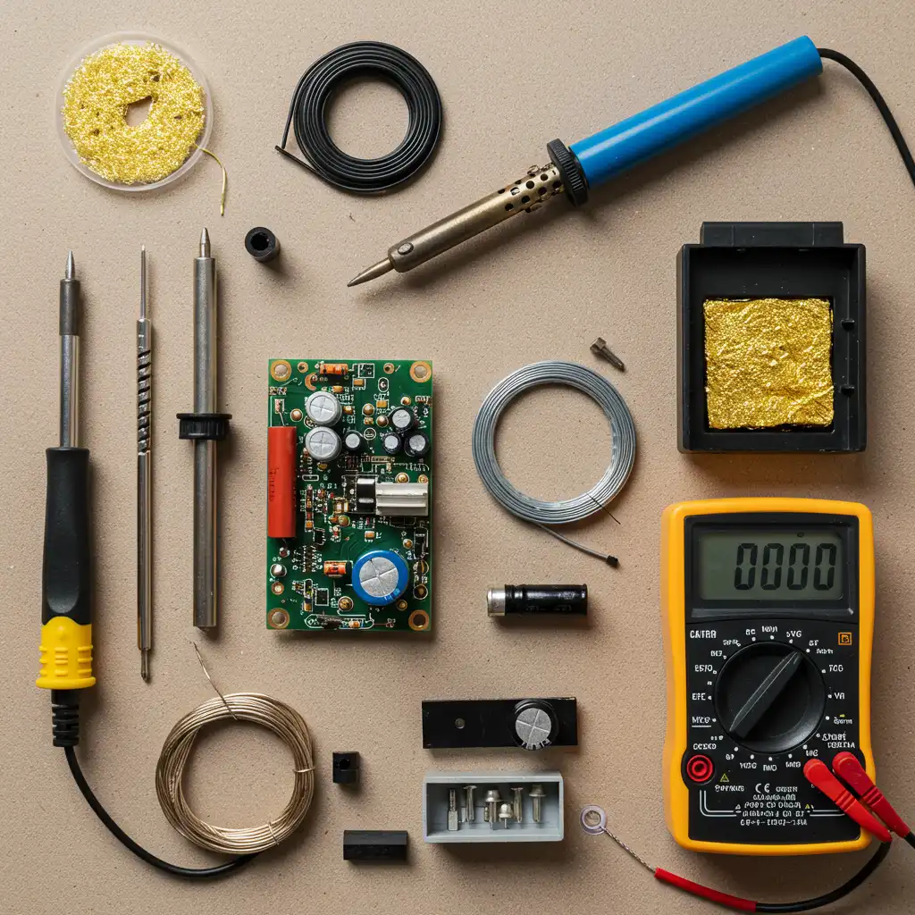 Outils de réparation DIY pour machine à café : fer à souder, multimètre et composants électroniques