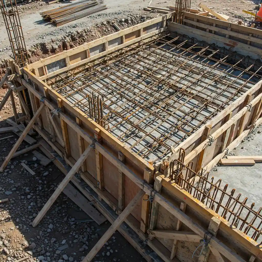 Mise en place du ferraillage et du coffrage avant coulage du béton