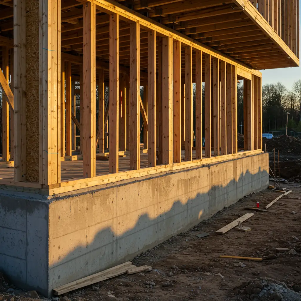 Surbot en béton achevé avec ossature bois installée et prête pour la suite
