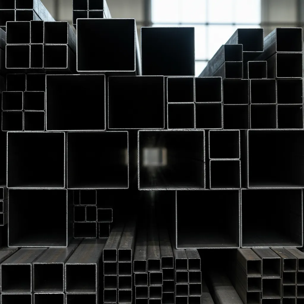 Comparaison visuelle de tubes acier carrés de différentes sections et épaisseurs