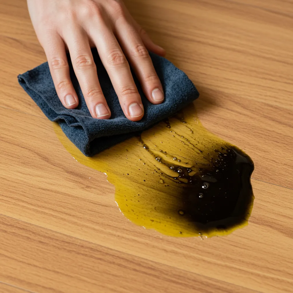 Gros plan du savon noir appliqué sur une tache jaune du linoléum avec une serpillière