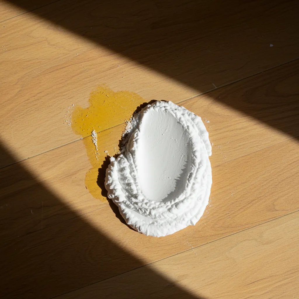 Application d'une pâte de bicarbonate de soude sur une tache jaune incrustée du lino