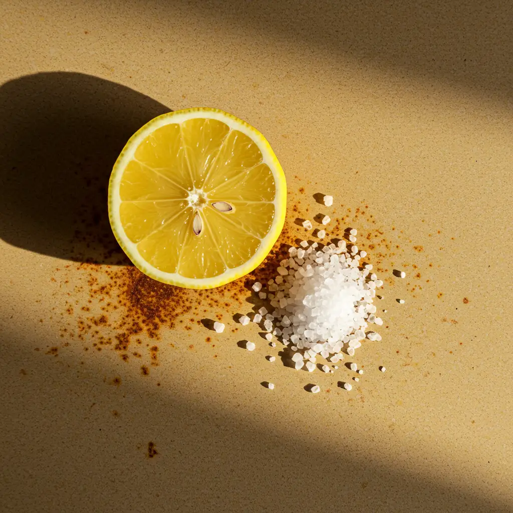 Citron frais et sel à côté d'une tache jaune de rouille sur le linoléum, ingrédients naturels de nettoyage