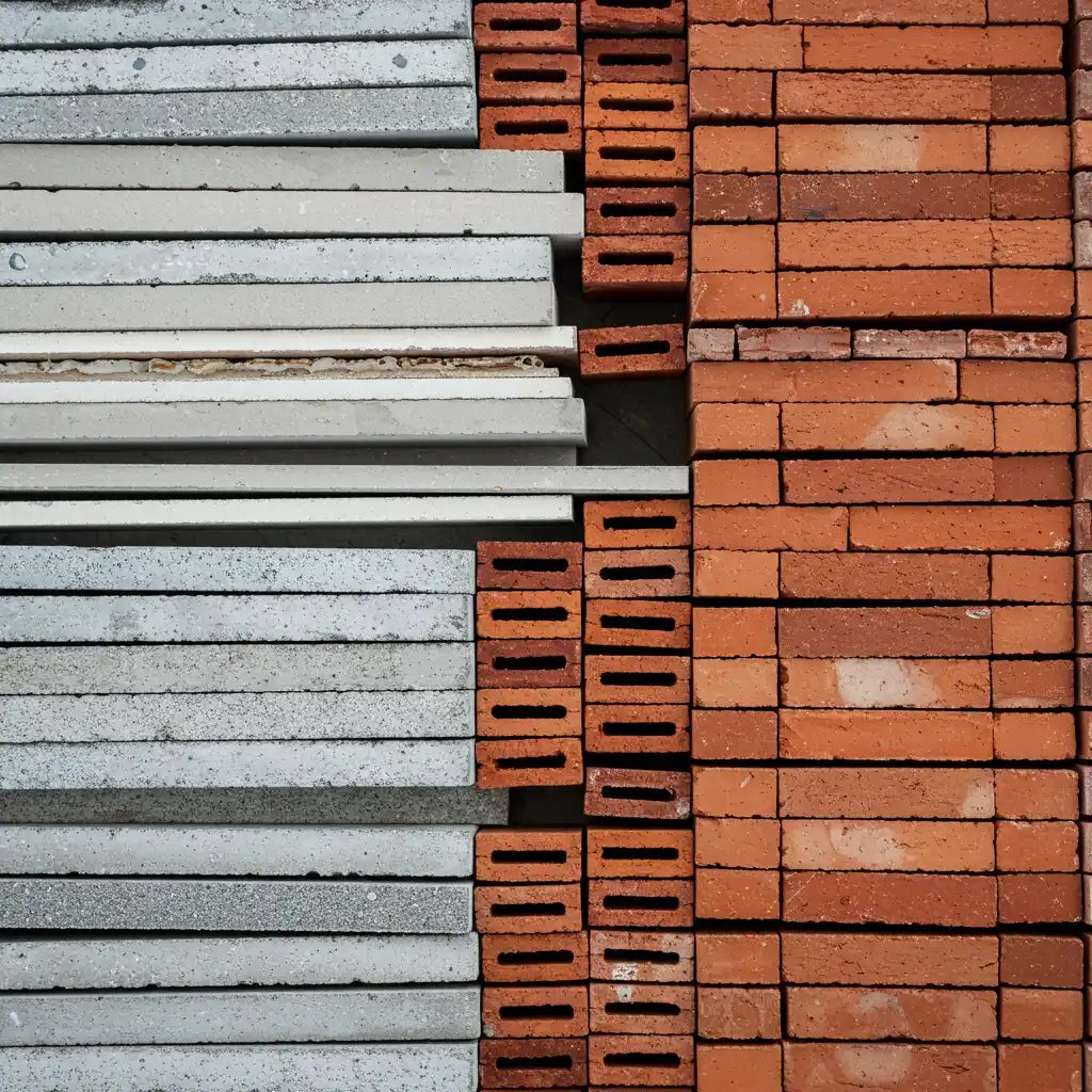 Comparaison visuelle des matériaux de construction : placo, brique et béton armé