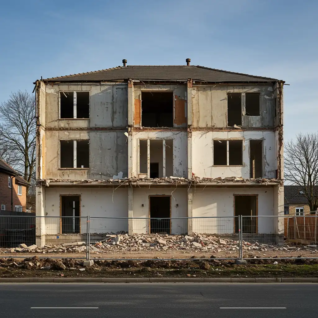 Maison résidentielle avant démolition, vue de façade montrant la structure