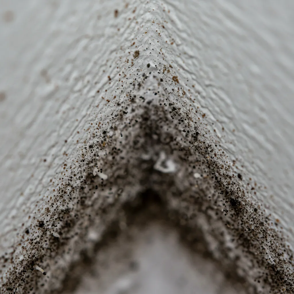 Gros plan détaillé de moisissures noires se développant dans un angle de mur blanc, illustration des risques à 70% d'humidité