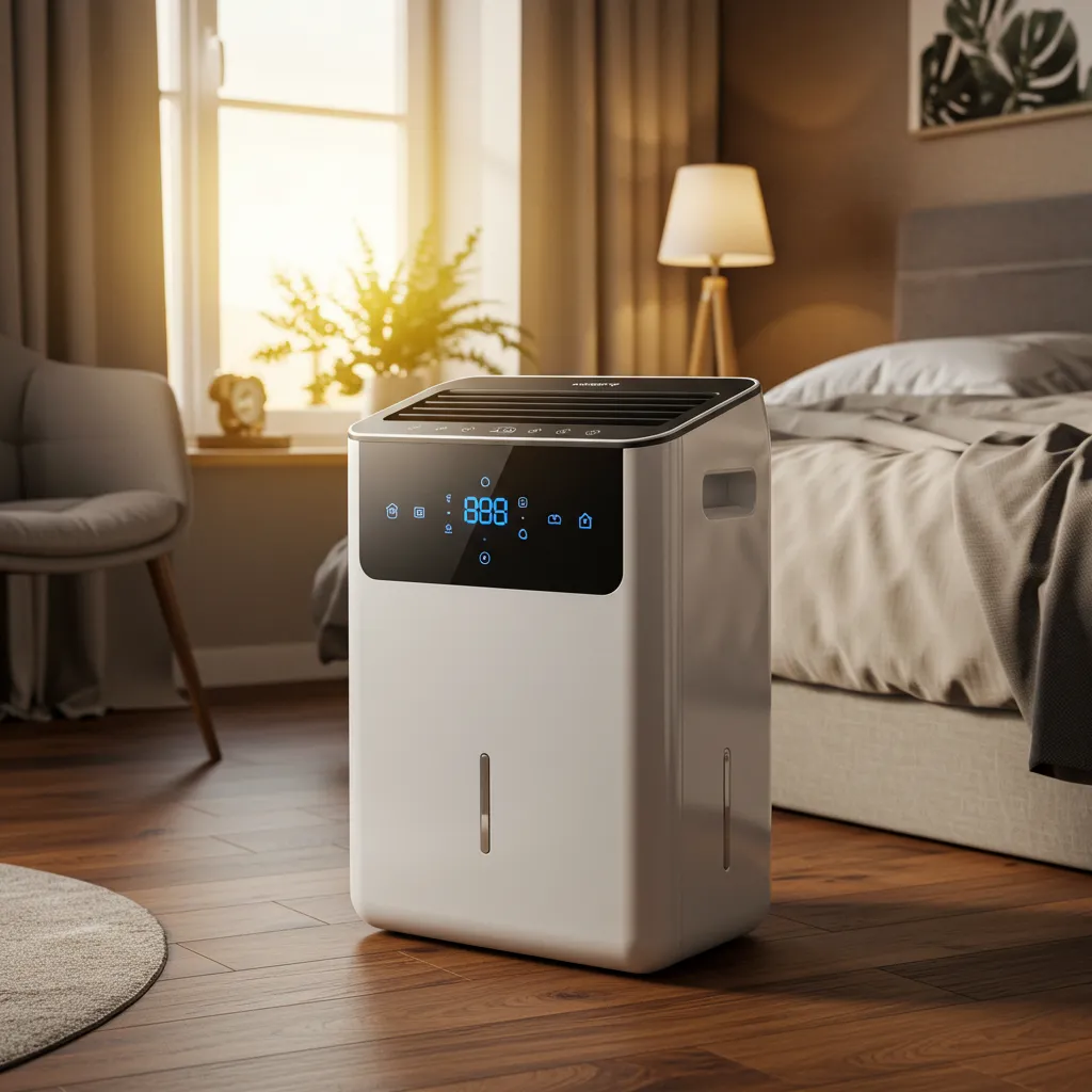 Déshumidificateur portable moderne installé dans une chambre, illustration d'une solution efficace contre l'humidité