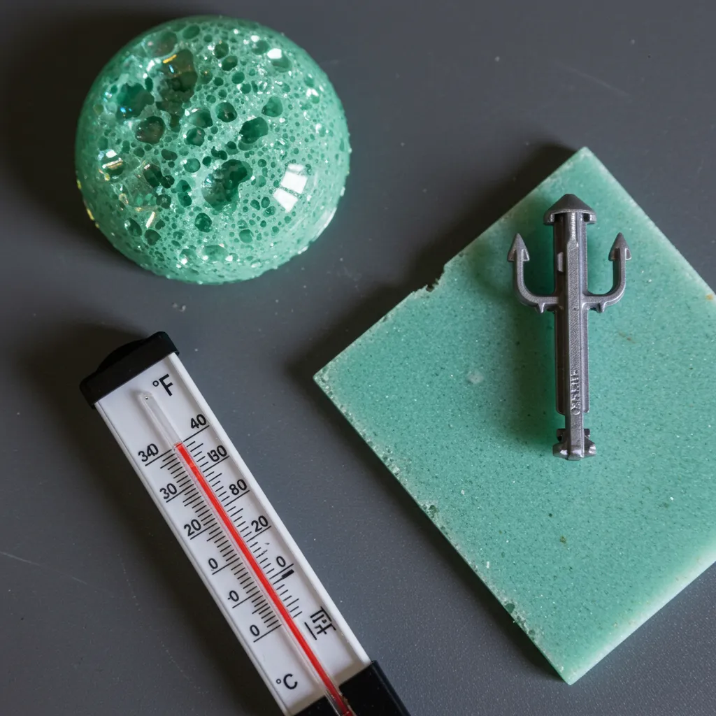 Thermomètre indiquant la température à côté d'une cartouche de scellement chimique et d'un échantillon de résine durcie