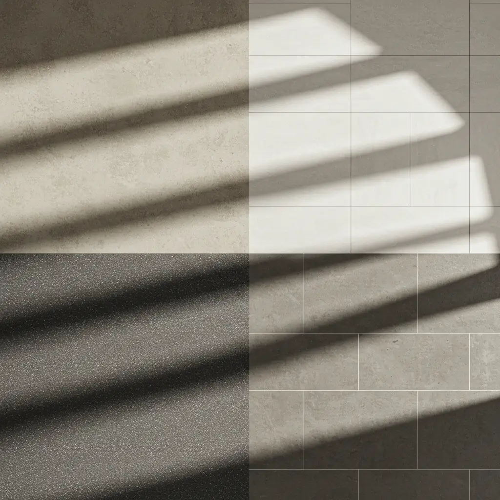 Vue de dessus comparant différents revêtements muraux de salle de bain côte à côte
