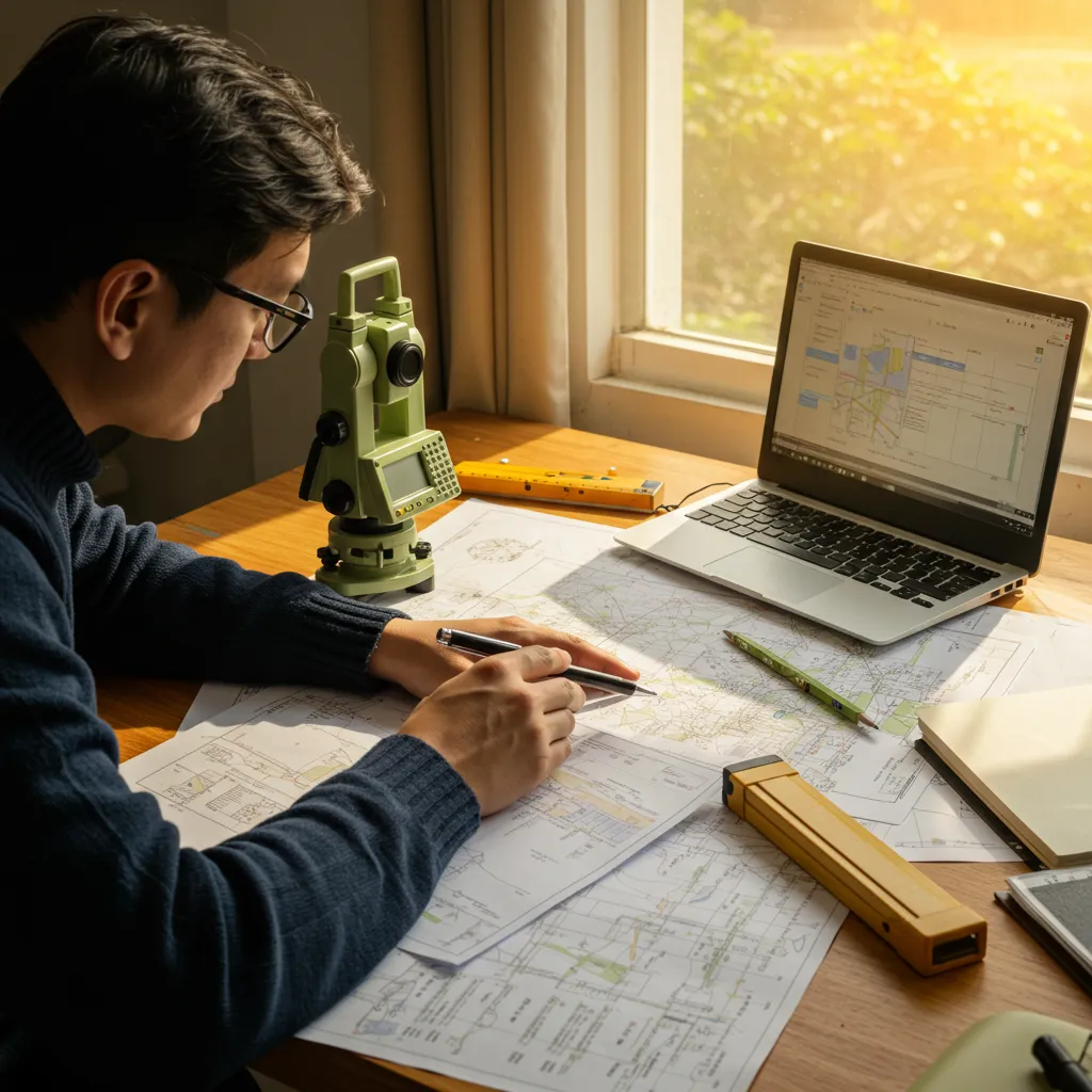 Géomètre-expert étudiant des plans cadastraux et documents de bornage à son bureau