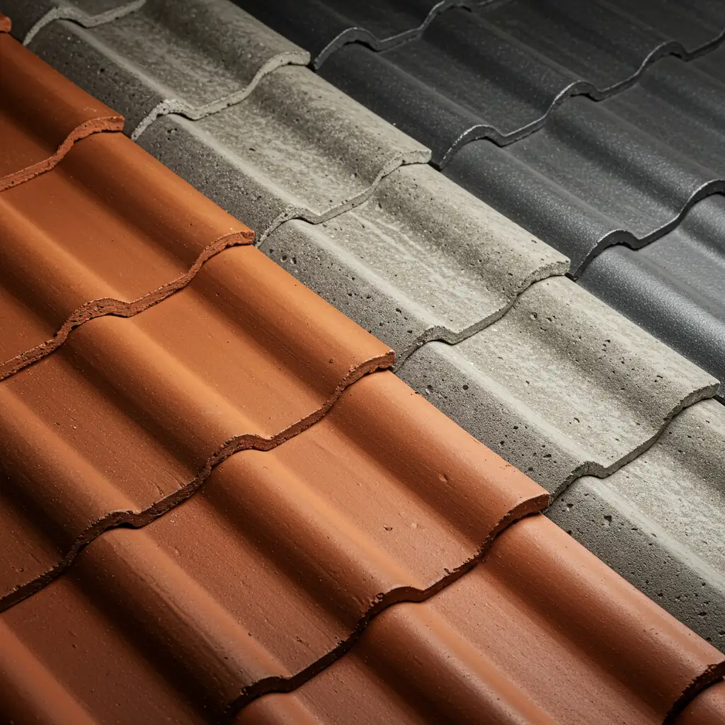 Comparaison de trois types de tuiles faîtières : terre cuite, béton et zinc, vue rapprochée montrant les différences de matériau et de couleur