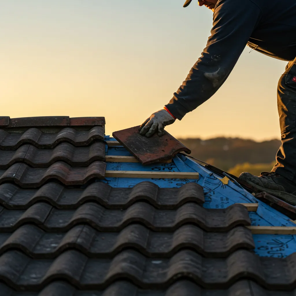 Couvreur professionnel en train de poser des tuiles faîtières sur un faîtage de toiture, vue de détail montrant la technique de pose