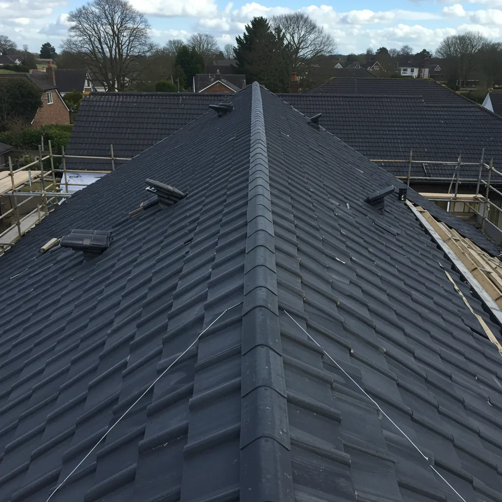 Vue d'ensemble d'une toiture complètement rénovée avec faîtage en tuiles, montrant le travail fini sur plusieurs sections de toit