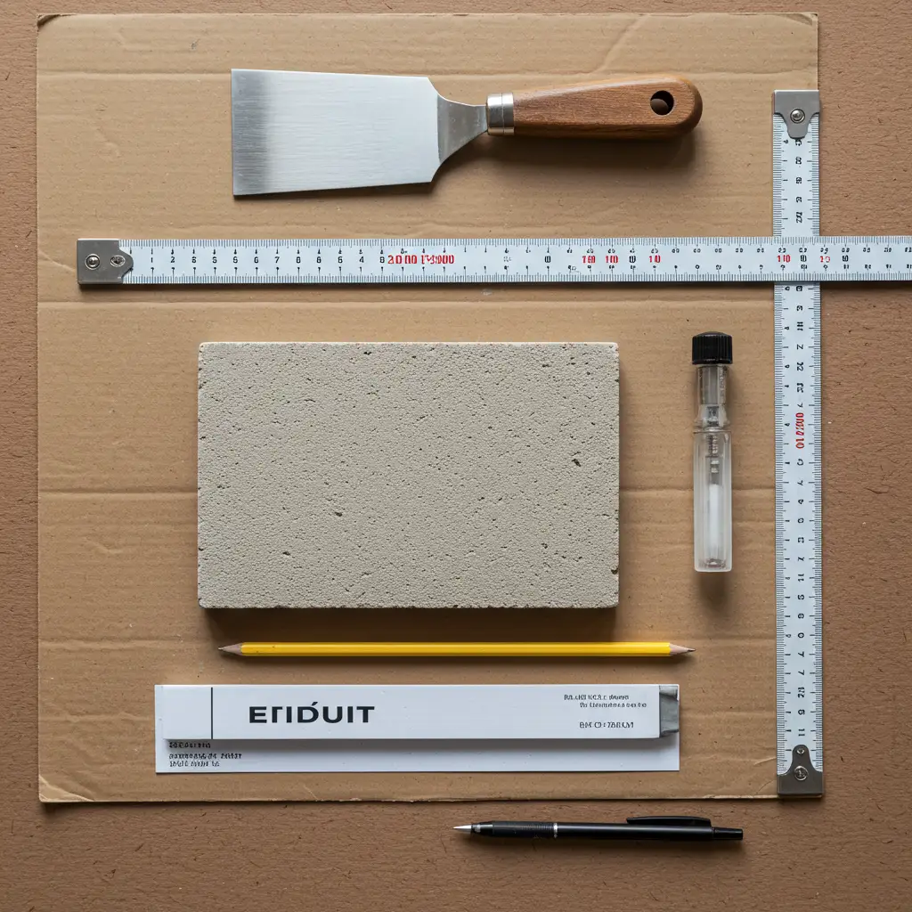 Mise en place d'un test d'enduit périmé avec échantillon appliqué et outils de vérification