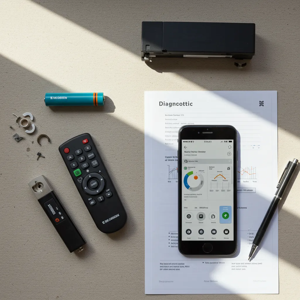 Vue de dessus d'outils de diagnostic pour volets roulants : télécommande, piles, smartphone avec application domotique