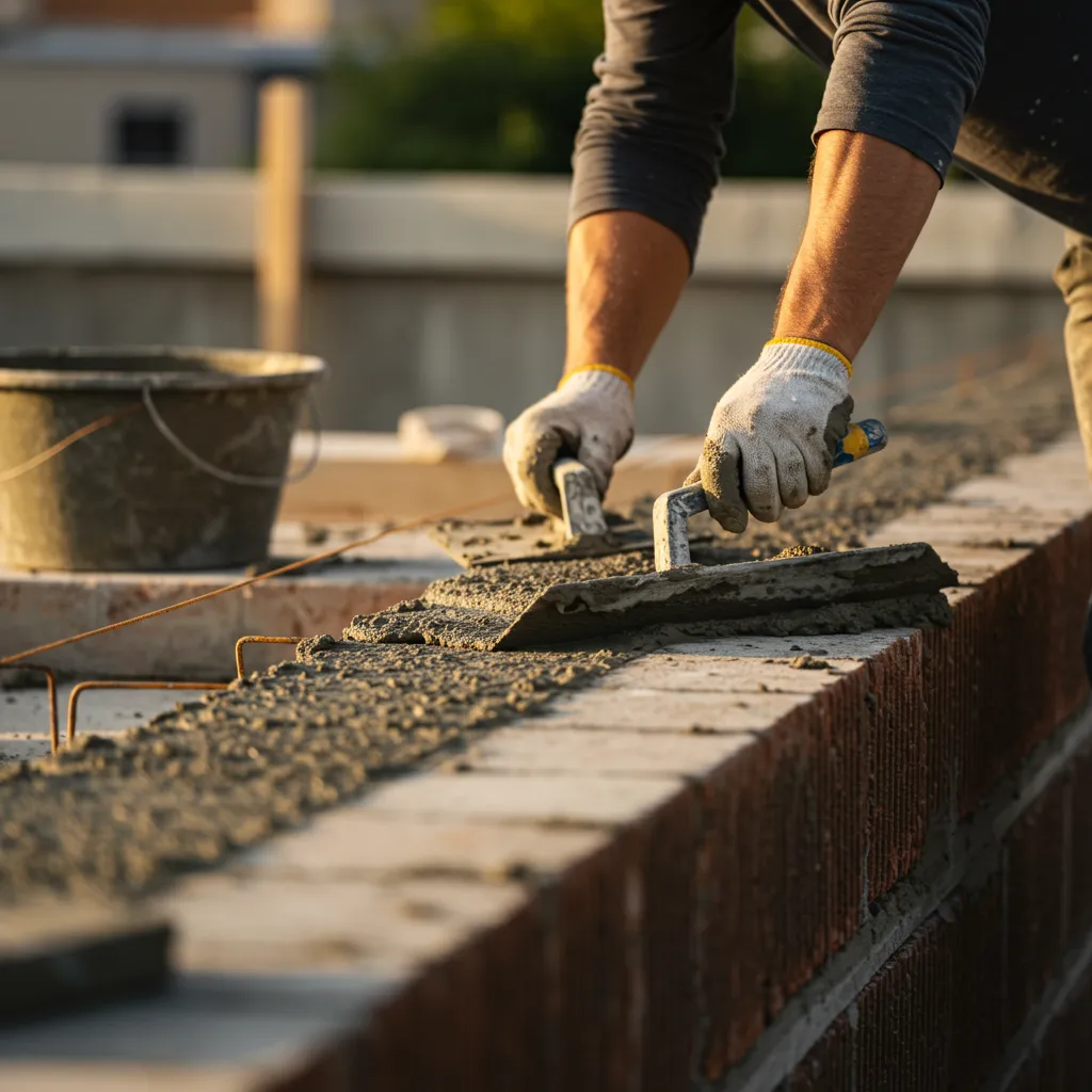 Mise en œuvre d'une arase béton en cours, montrant l'application et le lissage du mortier sur un mur de maçonnerie avec outils professionnels