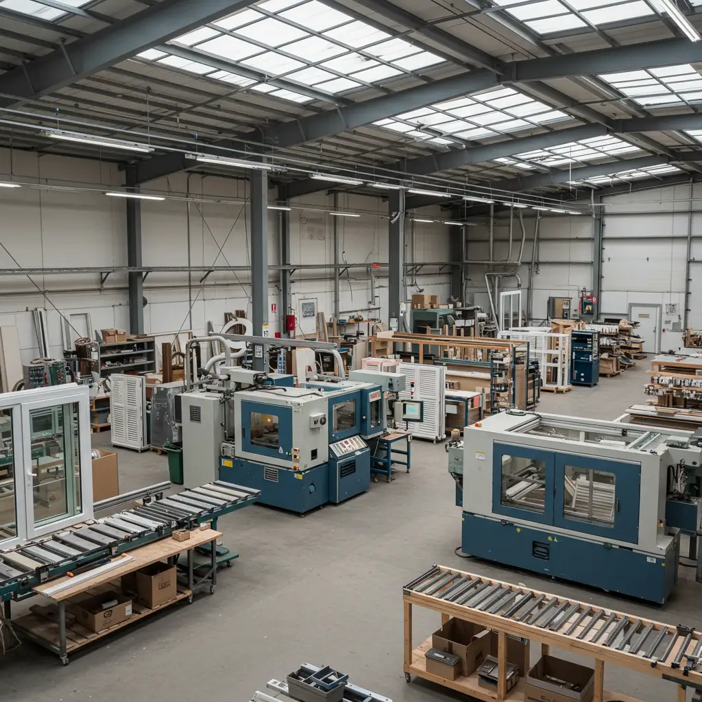 Atelier de fabrication industrielle avec chaîne de production de menuiseries et stores sur mesure