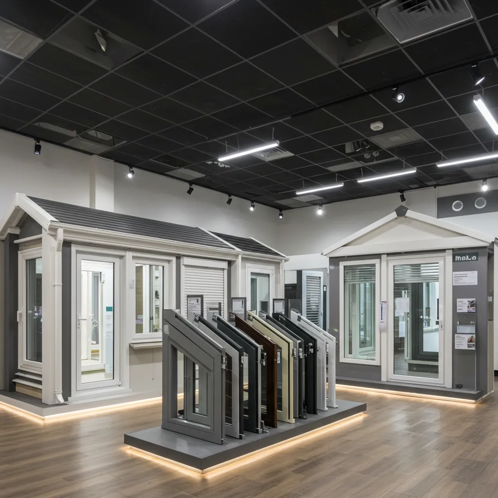 Showroom d'exposition présentant des échantillons de stores, fenêtres et vérandas en vitrine