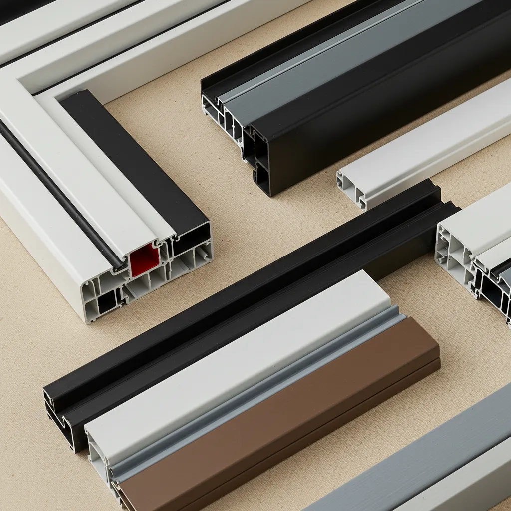 Échantillons de menuiseries sur mesure en PVC et aluminium avec différentes finitions