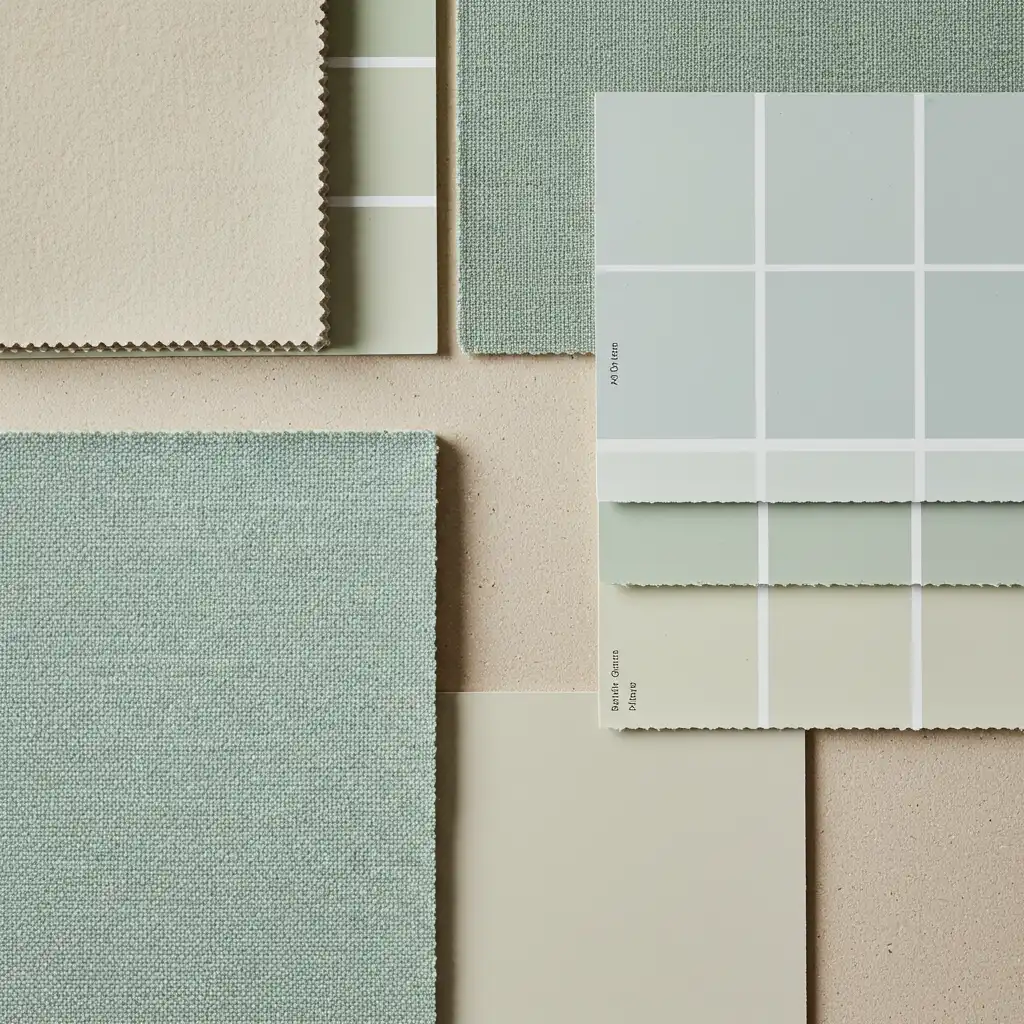 Palette de couleurs apaisantes pour chambre adulte avec nuances de beige, vert sauge et bleu ciel