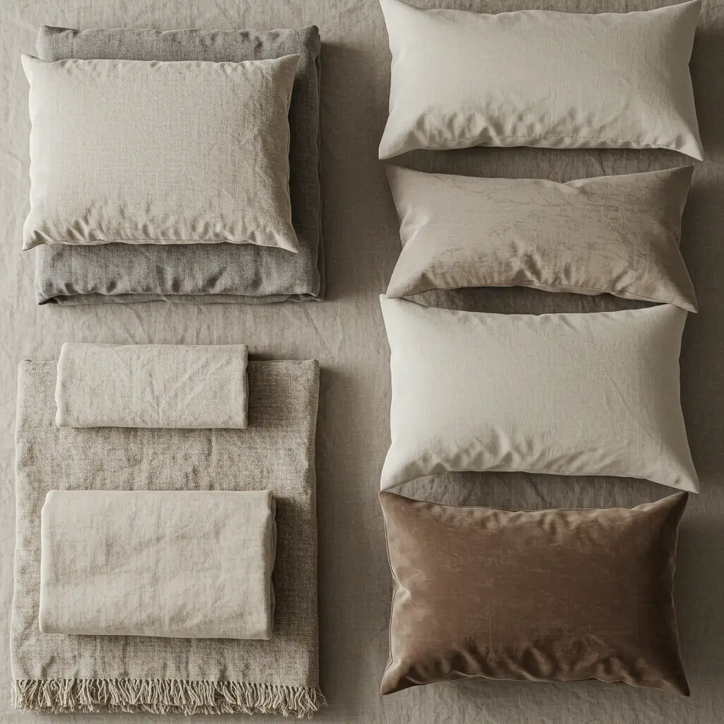 Détail des textiles naturels superposés pour créer une chambre cocooning : lin, coton, laine et velours