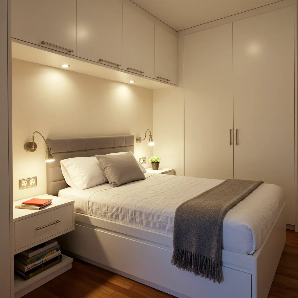 Petite chambre adulte cocooning optimisée avec éclairage tamisé et rangements verticaux