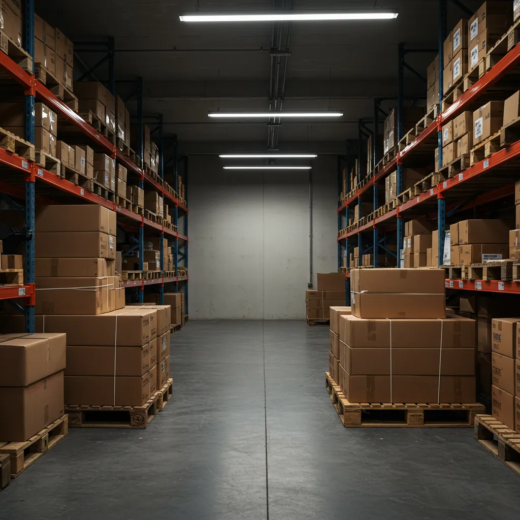 Colis et boîtes en carton empilés dans un entrepôt vide, symbolisant les livraisons jamais effectuées