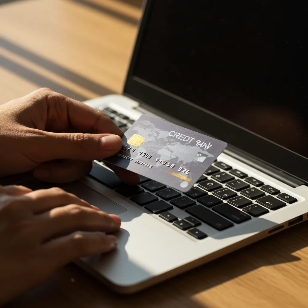 Main tenant une carte bancaire au-dessus d'un clavier d'ordinateur, illustrant les risques du paiement en ligne