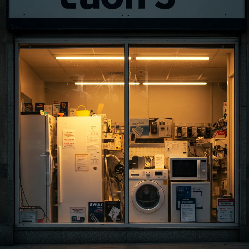 Vitrine de magasin d'électroménager affichant des appareils modernes, symbolisant l'enseigne avant sa chute