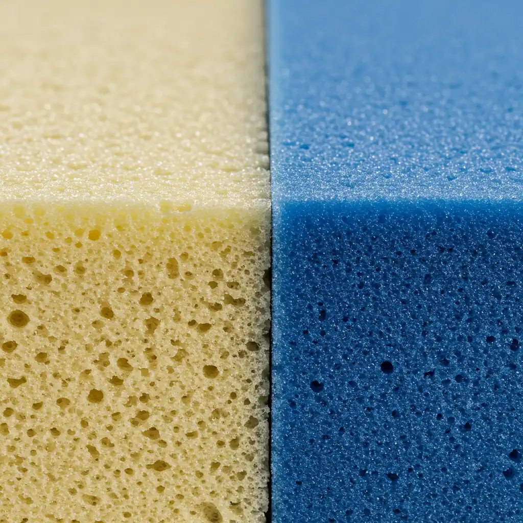 Gros plan comparatif de mousses de matelas montrant la différence entre mousse haute densité et basse densité