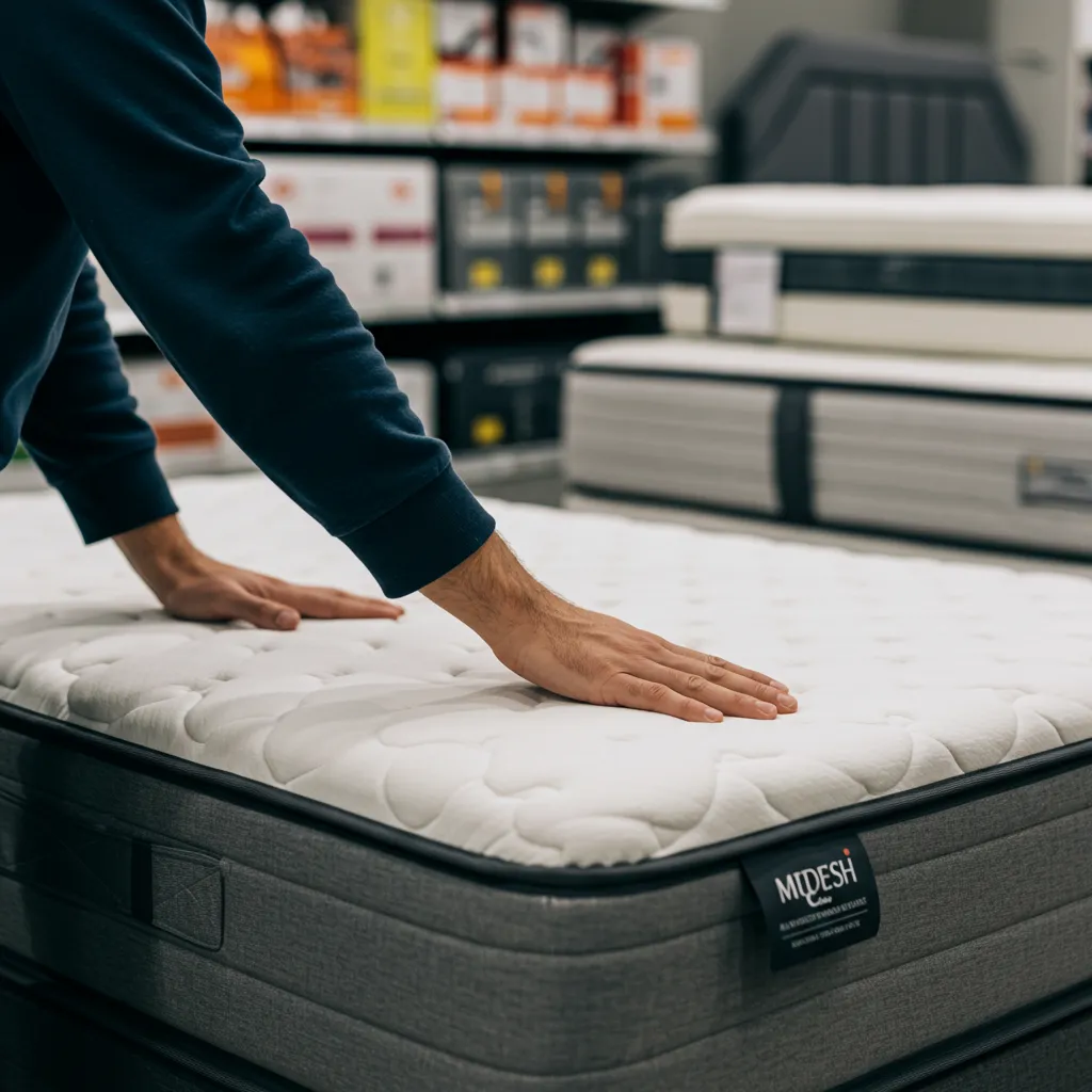 Client testant un matelas en magasin, vue latérale montrant l'examen tactile et l'évaluation de la qualité