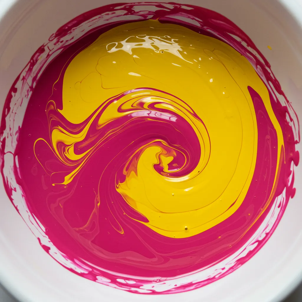 Gros plan du mélange magenta et jaune en proportions 3:1 dans un récipient blanc, vue de dessus