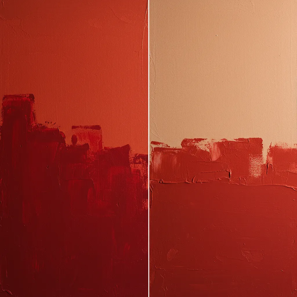 Démonstration de peinture rouge appliquée sur trois supports différents : toile, meuble en bois et mur
