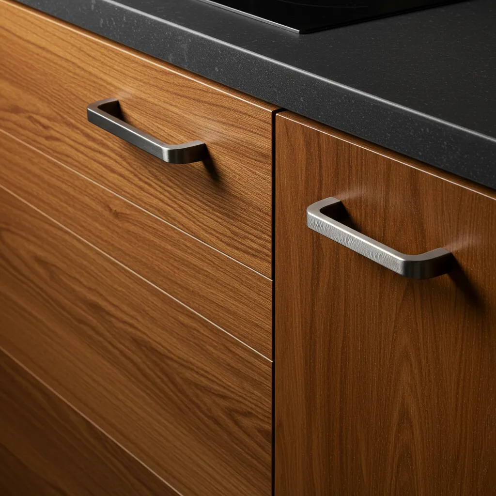 Détail des façades de cuisine en bois avec poignées et épaisseur visible, vue en gros plan