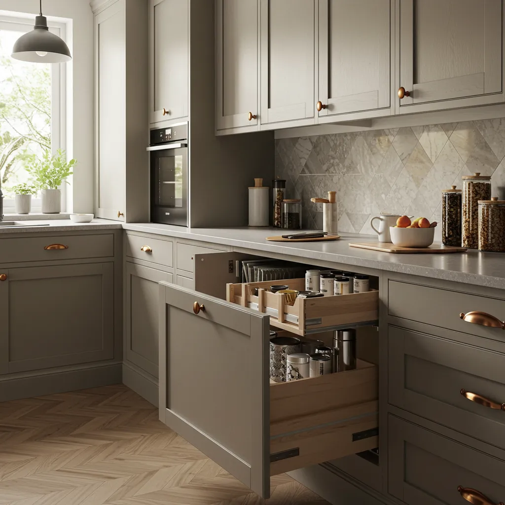 Espace de travail d'une cuisine avec tiroirs ouverts, système de rangement et quincaillerie visible