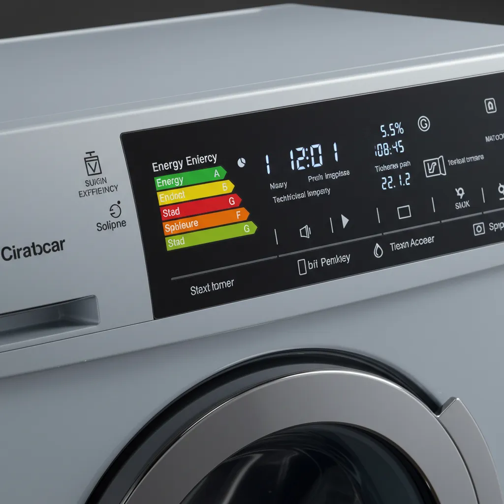 Panneau de commande et écran numérique d'un lave-linge affichant les spécifications techniques