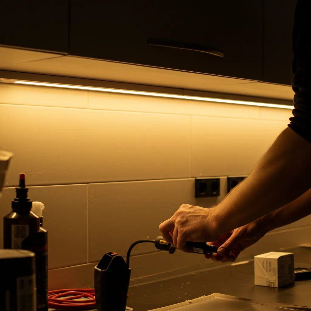 Installation de bandes LED sous les meubles hauts d'une cuisine pour améliorer l'éclairage