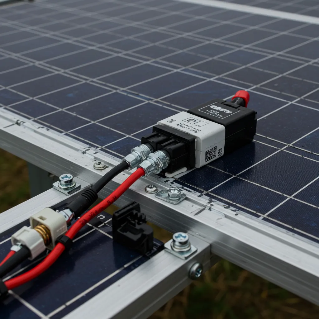 Détail technique d'une installation de panneaux solaires avec systèmes de fixation et connexions électriques